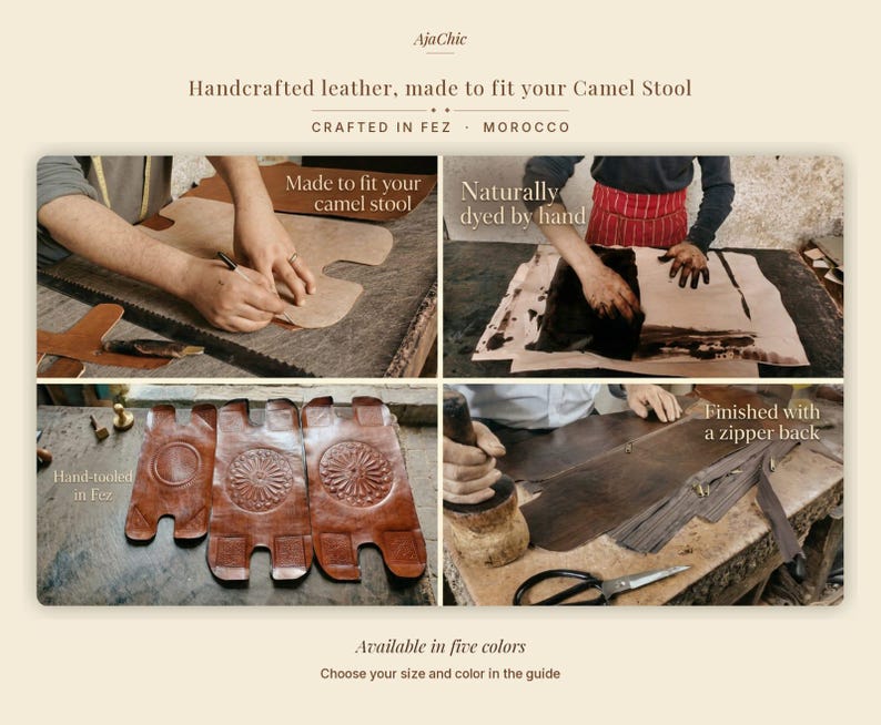 Handmade Moroccan leather cushion making process with artisan cutting, stitching, embossing, and finishing camel stool seat replacements.