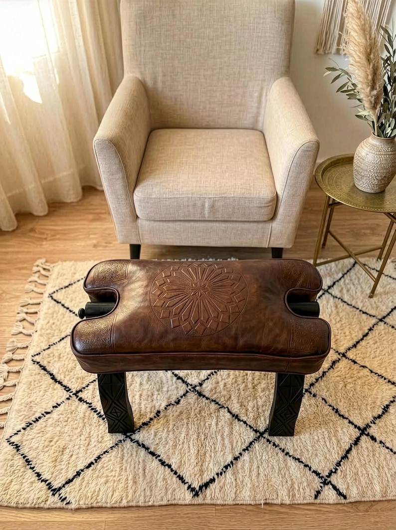 Camel Stool Cushion Replacement, Handmade Moroccan Leather Camel Saddle Seat, Custom Size Vintage Footstool Pad