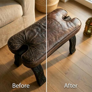 Before and after camel stool cushion replacement showing a restored vintage camel saddle stool with a new handmade leather seat.