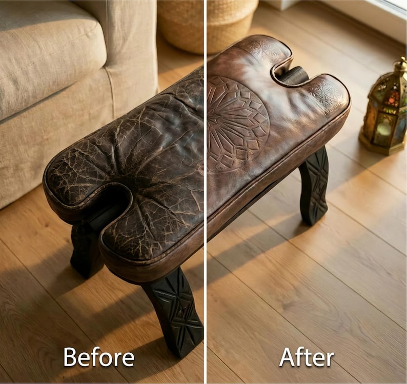 Before and after camel stool cushion replacement showing a restored vintage camel saddle stool with a new handmade leather seat.