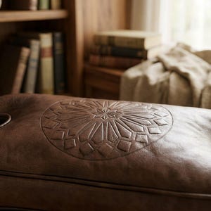 Close-up of genuine Moroccan leather camel stool cushion with hand-tooled mandala pattern, stitching, and natural leather texture.