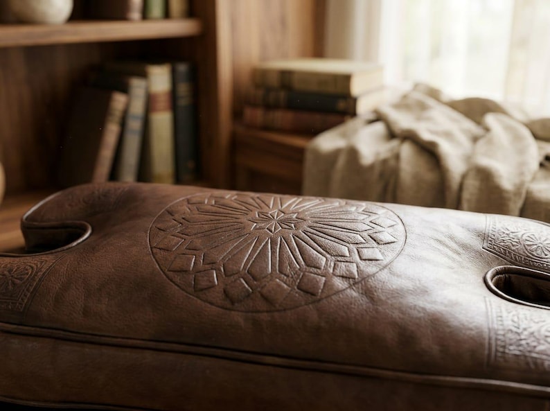 Close-up of genuine Moroccan leather camel stool cushion with hand-tooled mandala pattern, stitching, and natural leather texture.