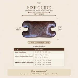 Camel stool cushion size guide showing available handmade leather seat replacement sizes for vintage Moroccan camel saddle stools.