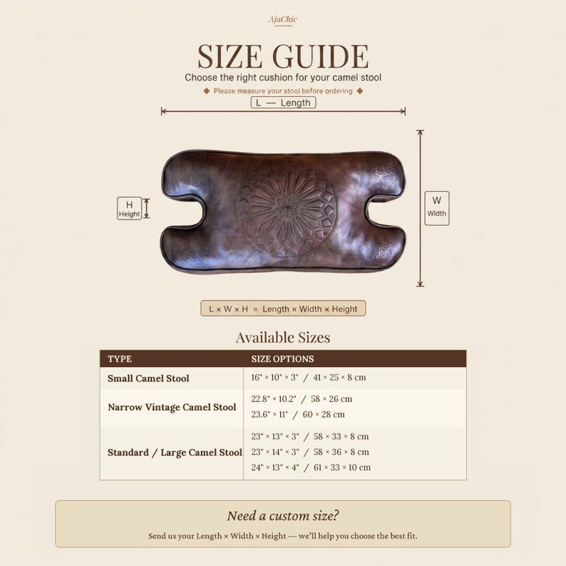Camel stool cushion size guide showing available handmade leather seat replacement sizes for vintage Moroccan camel saddle stools.