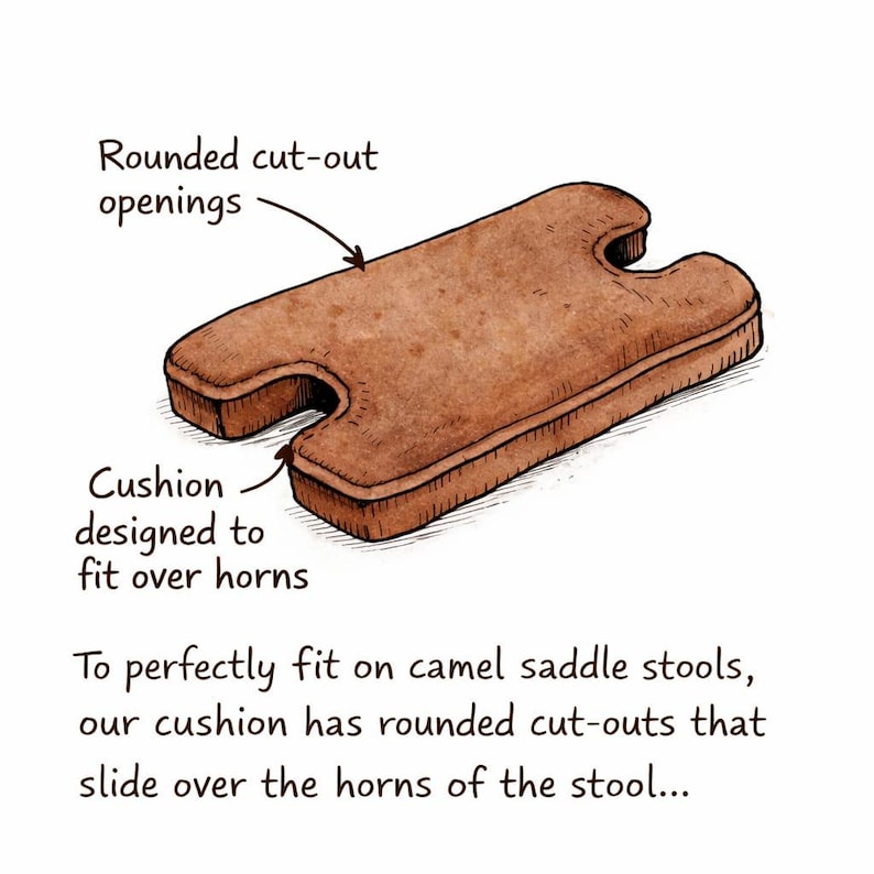 Custom camel stool cushion design with rounded cut-out openings made to fit around the horns of a vintage camel saddle stool.