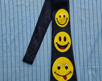 Vintage zwarte zijden stropdas met 3 smileygezichten 60,5 inch