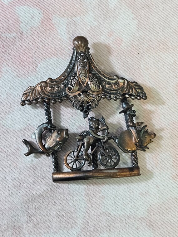 Vintage Carousel Brass Brooch 3"