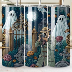 Ghost Hunter Tumbler Wrap Digital Download, 20 oz Tumbler Design, Cemetery Scene, Ghost Photography, Spooky Season, Ghost Hunters