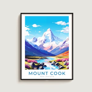 Mount Cook Travel Poster Wall Art Gift New Zealand Travel Print Gift Home Decor Lovers Wall Hanging