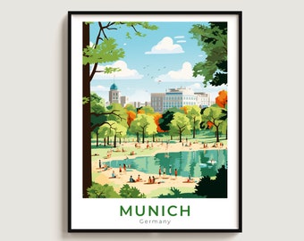 May include: A colorful illustration of a park scene in Munich, Germany. The image features a lake with people swimming and relaxing on the shore, surrounded by lush green trees and buildings in the background. The text "MUNICH" and "Germany" is displayed at the bottom of the image.