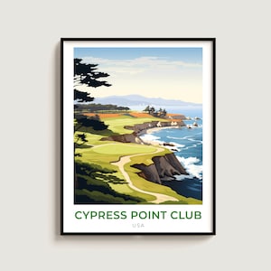 Könnte beinhalten: Eine farbenfrohe Illustration eines Golfplatzes mit Blick auf das Meer. Das Bild zeigt einen grünen Golfplatz mit einem gewundenen Weg, ein blaues Meer mit weißen Wellen und eine felsige Küste. Der Text "CYPRESS POINT CLUB USA" befindet sich am unteren Rand des Bildes.