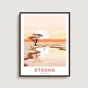 Könnte beinhalten: Ein minimalistisches Poster mit einer Sonnenuntergangslandschaft, die einen einzelnen Baum im Vordergrund, ein Gewässer, das den Himmel reflektiert, und den Text "ETOSHA Namibia" zeigt.