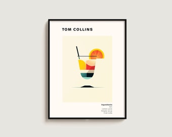 Tom Collins Poster Cocktail Gift Cocktail Lovers Retro print Gift Minimalist Wall Hanging