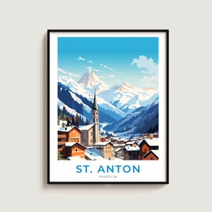 May include: A colorful illustration of St. Anton, Austria, featuring a snowy mountain range in the background and a village with a church in the foreground. The text "ST. ANTON" and "Austria" is displayed below the image.