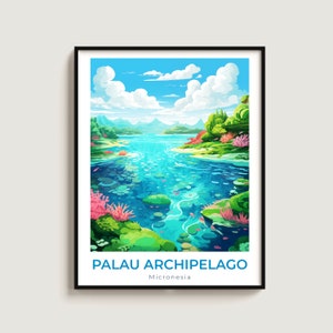 May include: A digital illustration of a tropical island landscape with a river flowing through it. The water is a vibrant blue and the sky is a bright blue with white clouds. The river is surrounded by lush green vegetation and pink coral. The text "PALAU ARCHIPELAGO" and "Micronesia" is at the bottom of the image.