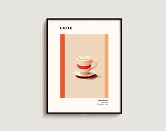 Latte Coffee Poster Gift Coffee Lover Art Kitchen Gift Art Coffee Print Kitchen Wall Hanging
