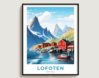 May include: A colorful illustration of red houses with white trim on a rocky shore with a blue body of water in the foreground. The background features a mountain range with snow-capped peaks and a blue sky with white clouds. The text "LOFOTEN Norway" is at the bottom of the image.