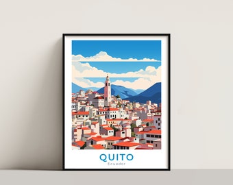 May include: A colorful illustration of the city of Quito, Ecuador. The image features a cityscape with red-tiled roofs, a tall white church tower, and a mountain range in the background. The text "QUITO" and "Ecuador" is displayed below the image.