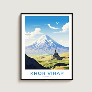 Puede incluir: Una ilustración colorida de una cordillera con una iglesia en una colina en primer plano. El texto "KHOR VIRAP Armenia" está en la parte inferior de la imagen.