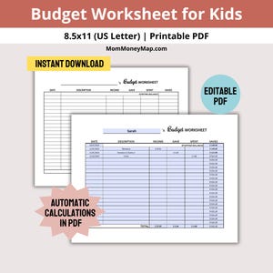 Kids Budget Worksheet: Money Tracker for Budgeting Printable (PDF)