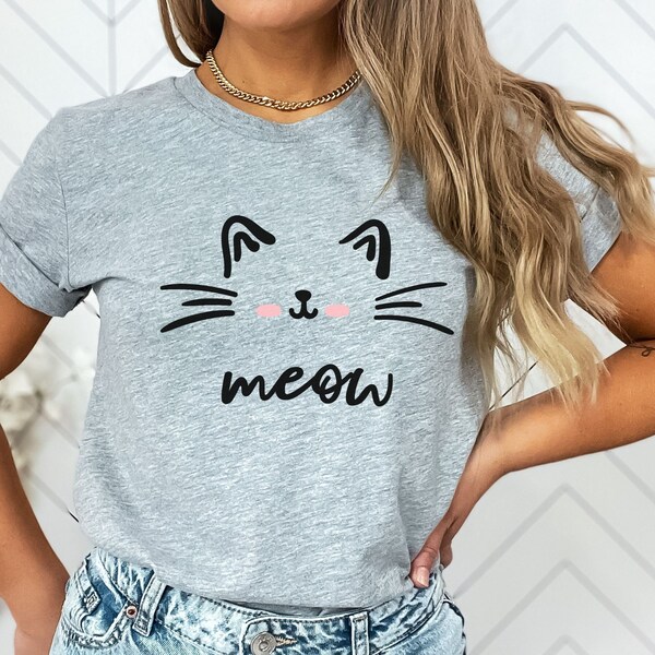 Cute Cat Face Shirt Funny "Meow" Slogan Top Gift for Pet Owner and Kitten Lover International Cat Day T-Shirt Animal Adoption Tee Outline