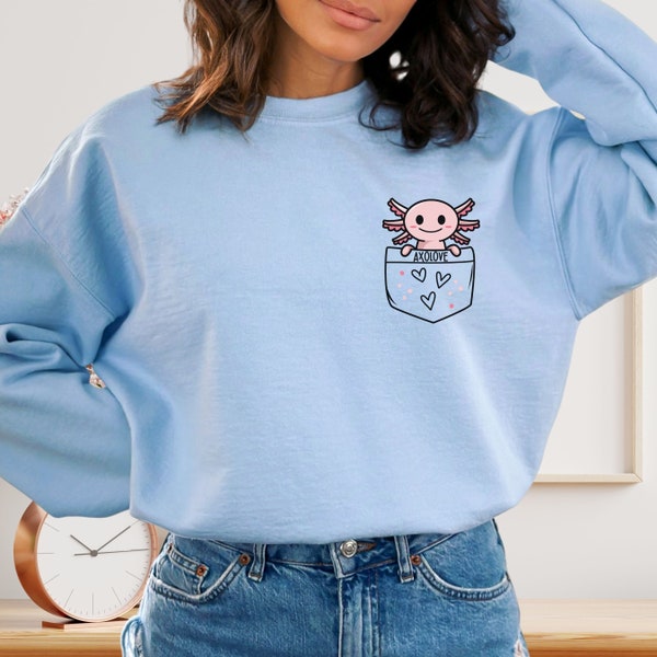 Süsser Axolotl Pullover | Axolove Slogan | Geschenk für Tierliebhaber und Besitzer | Damen Grafik-Sweatshirt | Mädchen Rundhalspullover | Minimalistisch