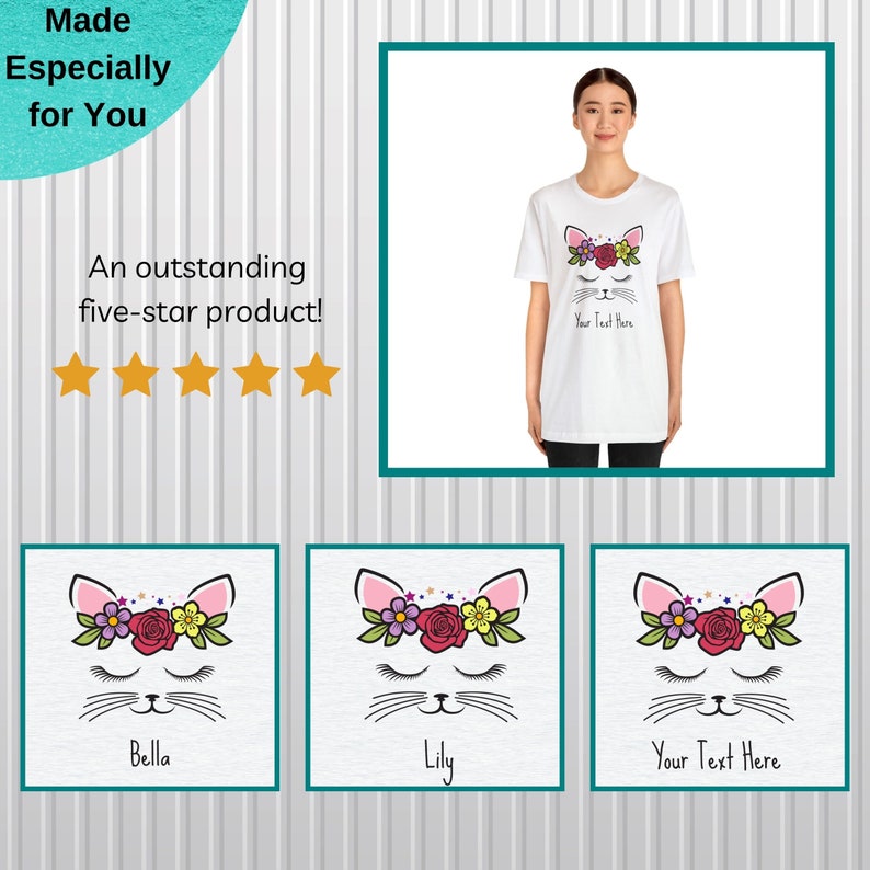 Personalized Cat Face Shirt Custom Name Cute Kitten Flowers Graphic T