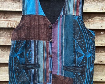 Blue stonewash graphic patchwork design handmade waiscoat | Sustainable cotton | courduroy | Gheri | Ecofriendly hippie nepal