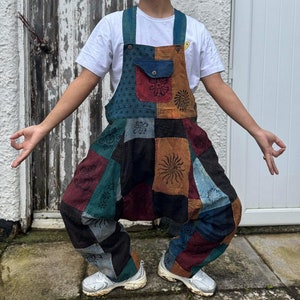 Patchwork multicolored stonewashed cotton dungaree | Comfortable light unisex hippie | Nepal clothing | Festival | Holidays