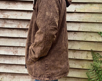 Brown stonewash cotton inner fleece lined warm jacket | Winter | Hippie style |Ecofriendly fabric | Side pockets | Drawstring hoodie