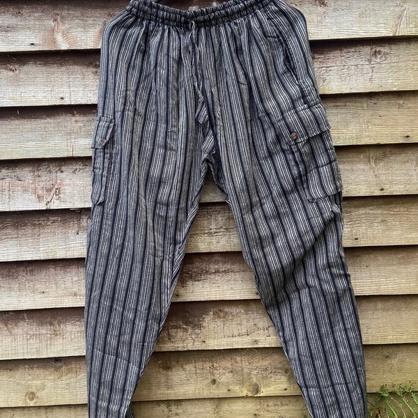 Genuine cotton cargo black stripe trousers |Lightweight thin unisex hippie yoga pants | Side pockets | Skinfriendly fabrics