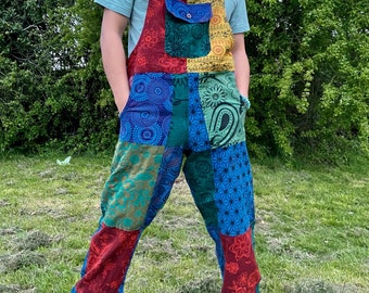 Patchwork stonewashed dyed cotton dungarees | Unisex colorful hippie clothing | Made in Nepal