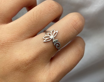 One Line Simple Stainless Steel Silver Ring for Dailywear | Lotus and Unalome Meaningful Jewelry | Boho Hippie Unisex Stackable Ring