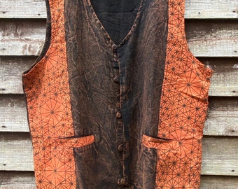 Stonewashed unisex orange graphic pattern handmade waiscoat |  Sustainable pure cotton | Ecofriendly hippie nepal style