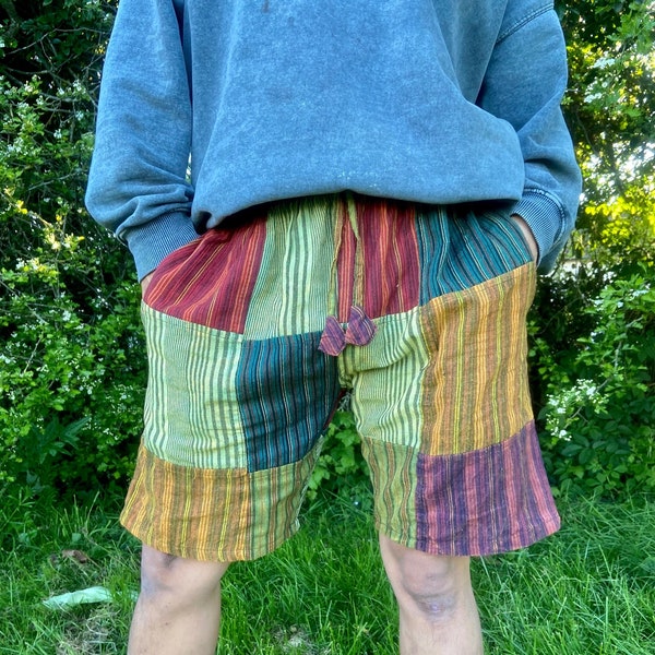 Patchwork striped stonewashed dyed cotton shorts | Unisex lightweight festival, holiday halfpant | Made in Nepal