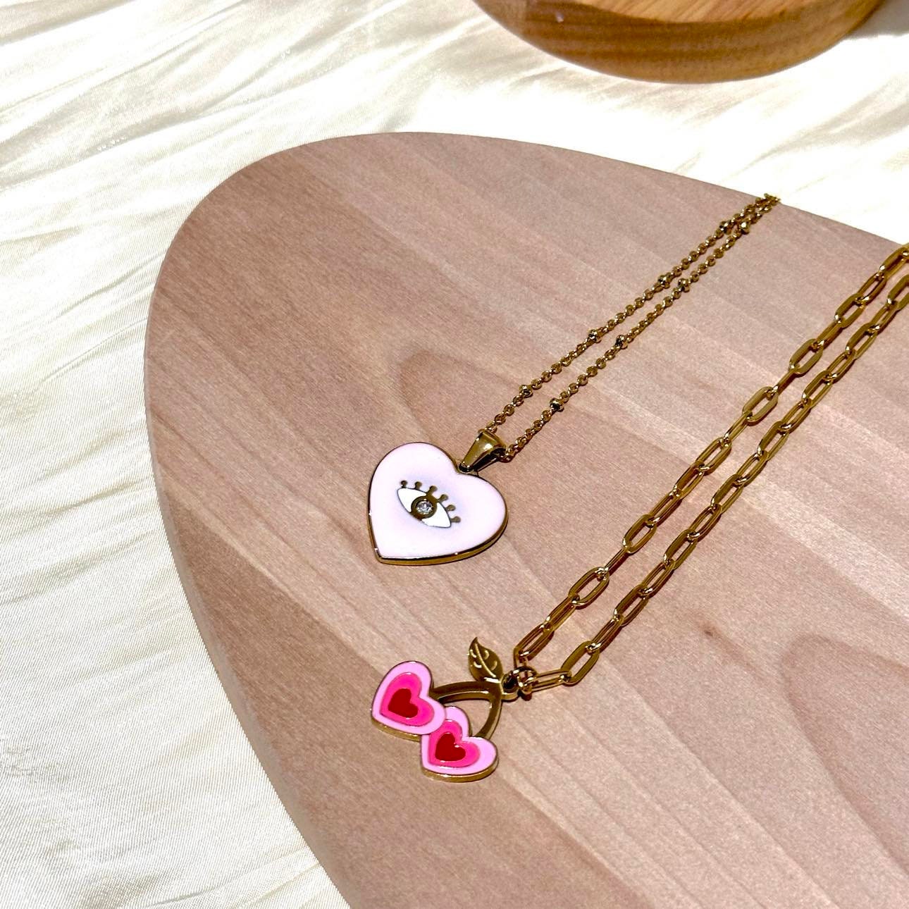 Minimalist Stainless Steel Cherry Heart Pink Heart Evil Eyes