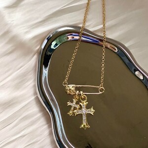 Chrome Hearts Style Double Cross Zirconia Gothic Safety Pins Gold