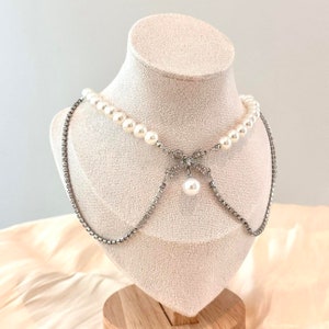 Double Rows Pearls with Bow Beaded Diamonds Necklace, Bow Charm Necklace, Pearls Necklace, Gift for her