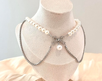 Double Rows Pearls with Bow Beaded Diamonds Necklace, Bow Charm Necklace, Pearls Necklace, Gift for her
