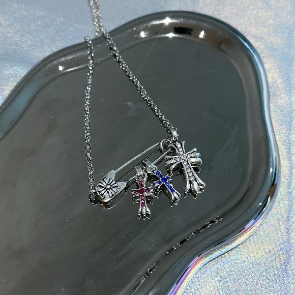 Chrome Hearts Style Cross Gothic Safety Pins Multi Colours Stones 925 Silver Necklace, Punk Style, Y2k Necklace