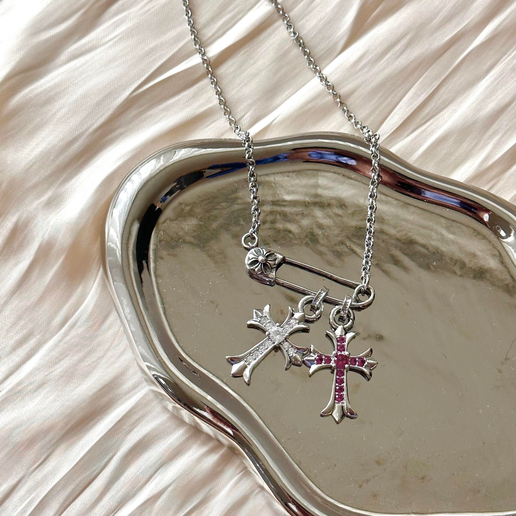 Chrome Hearts Style Silver Flower Safety Pink S925 Cross