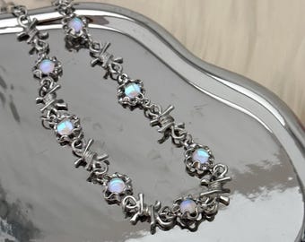 Y2k Twist Moonstones Grunge Punk Silver Necklace, Gemstones Necklace, 2000s Jewellery