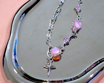Y2k Grunge Pink Purple Moonstones Punk Silver Necklace, Gem Stone Star Necklace , 2000s Jewelry