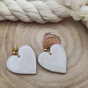 Earrings hanging, heart, white, glitter, stud earrings ball 18k gold plated, polymer clay, light, unique