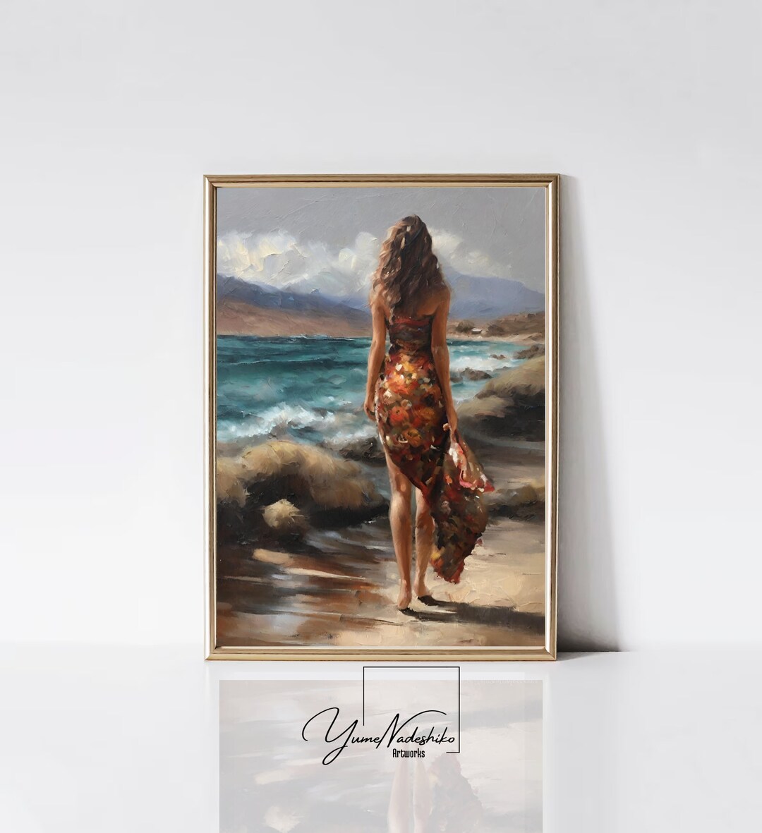 Woman by the Sea Painting | Vintage Beach Coastal Painting Ocean Print ...