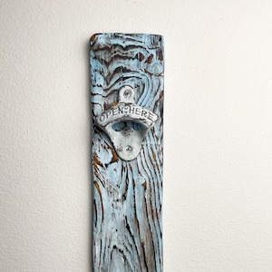 Wall Mounted Bottle Opener. Rustic and Charred Distressed Wood Base with Cast Iron Beer Opener