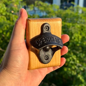 Compact Wall Mounted Bottle Opener. Smooth Polished Reclaimed Wood Base with Cast Iron Beer Opener