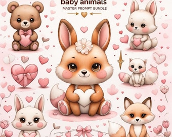 Lindo bebé de San Valentín clipart 50 png, productos digitales, clipart de animales bebés en acuarela, (descarga digital)