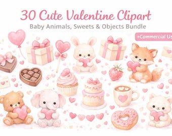 Paquete de imágenes prediseñadas de San Valentín Kawaii: Animales bebés en acuarela y dulces (30 PNG) (Descarga digital)