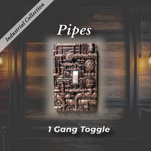 May include: A single gang toggle light switch cover plate featuring a raised, three-dimensional copper-toned relief of interconnected pipes, valves, and gauges. The text Industrial Collection, Pipes, and 1 Gang Toggle are visible.
